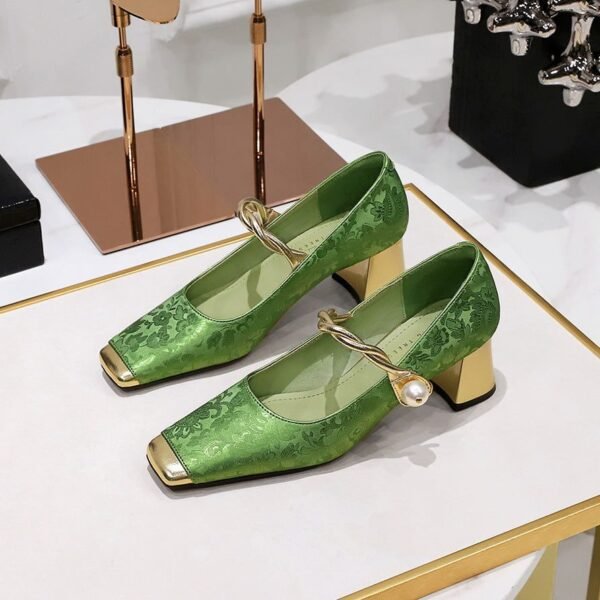 BIGTREE SHOES 5288-6 National Style Women's Shoes Banquet Chunky Heel Mid Heel Satin Embroidered Color Matching Square Toe Low-Cut Pearl Ankle-Strap Shoes