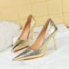 BIG TREE SHOES 9511-38 Retro European American Style Banquet High Heels Women's Shoes Metal Heel High Heel Low-Cut Pointed Sequined Women's Shoes