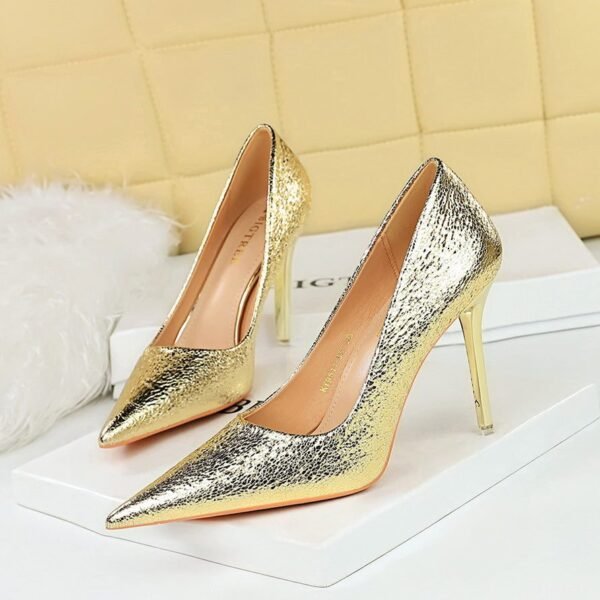 BIG TREE SHOES 9511-38 Retro European American Style Banquet High Heels Women's Shoes Metal Heel High Heel Low-Cut Pointed Sequined Women's Shoes