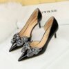 BIG TREE SHOES 638-Ah23 European and American Style Banquet High Heels Stiletto Heel Shallow Mouth Pointed Patent Leather Side Hollow Rhinestone Bow Pumps