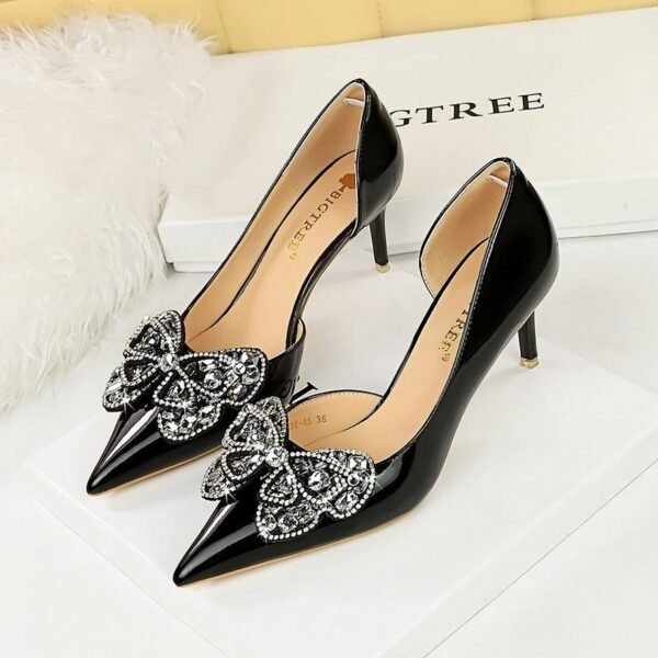 BIG TREE SHOES 638-Ah23 European and American Style Banquet High Heels Stiletto Heel Shallow Mouth Pointed Patent Leather Side Hollow Rhinestone Bow Pumps