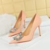 BIG TREE 3265-k3 Korean Style Fashion Banquet High Heel Stiletto Low Mouth Pointed-Toe Metal Rhinestone Buckle Women's Single-Layer Shoes Ultra High Heel