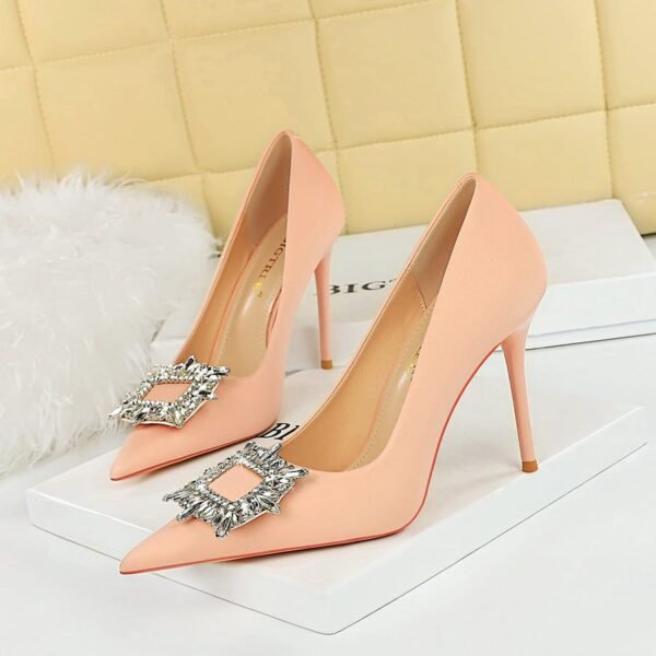 BIG TREE 3265-k3 Korean Style Fashion Banquet High Heel Stiletto Low Mouth Pointed-Toe Metal Rhinestone Buckle Women's Single-Layer Shoes Ultra High Heel
