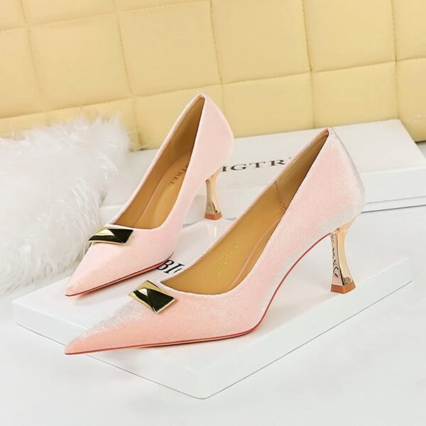 54eb265181f7a70b7d3c66bfa0e81752 BIG TREE SHOES 1818-K81 European and American Style Banquet High Heel Metal Heel Shallow Mouth Pointed Toe Metal Buckle Decoration Xi Shi Women's Suede Shoes
