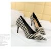 54fab8f8465997151250ac3d82a90a7e 9283-A1 European and American thin-heeled high-heeled shallow-pointed cloth plaid houndstooth metal chain pearl shoes