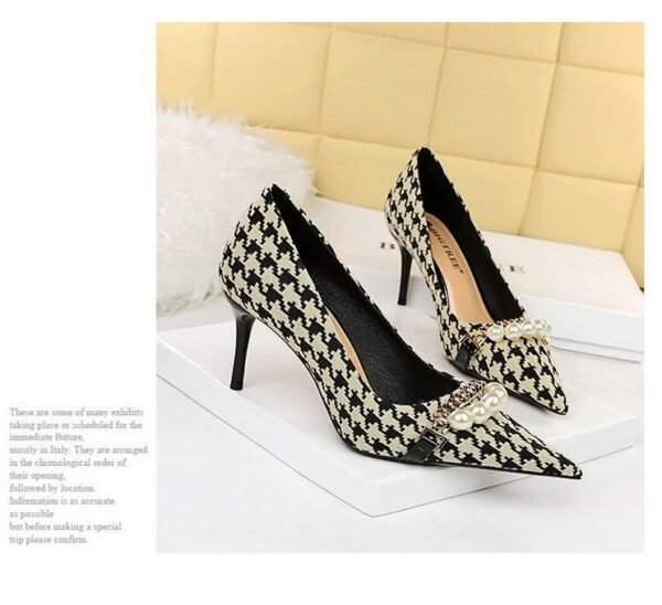 54fab8f8465997151250ac3d82a90a7e 9283-A1 European and American thin-heeled high-heeled shallow-pointed cloth plaid houndstooth metal chain pearl shoes