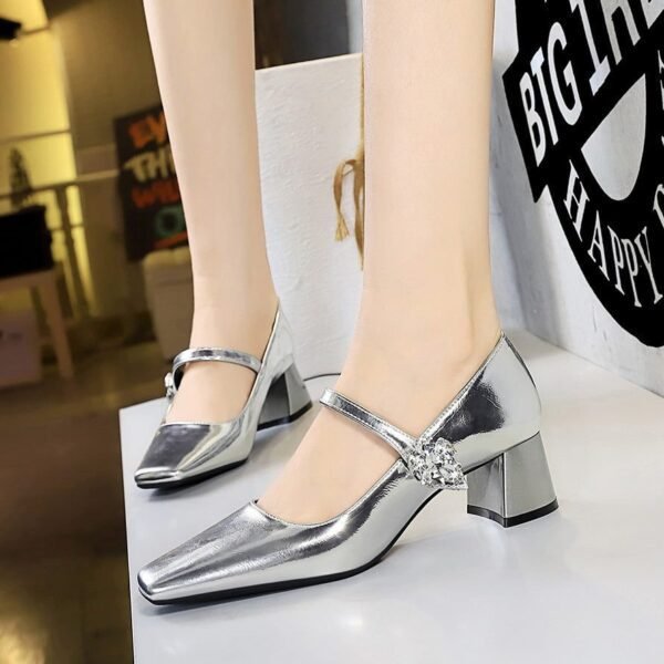 BIGTREE SHOES 5288-k87 European and American Style Retro Banquet Women's Shoes Mid Heel Chunky Heel Low-Cut Square Toe Strap Rhinestone Buckle Pumps Women