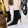BIG TREE SHOES 9878-2 European and American Simple Slimming Banquet Female Boots Stiletto Heel Pointed Black Denim Fabric Ankle Boots