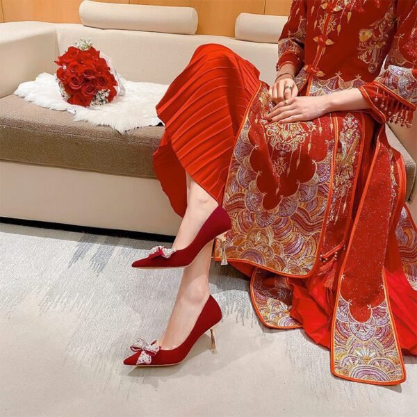Runnig heels C888-17 Red Wedding Shoes Pointed Toe Bridal Shoes Versatile Wedding Dress Women's Butterfly High Heels