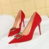 big tree shoes 3265-K9 Korean Style Fashion Banquet High Heels Stiletto Heel Shallow Mouth Pointed Toe Metal Buckle Decorative Pumps Women's Shoes
