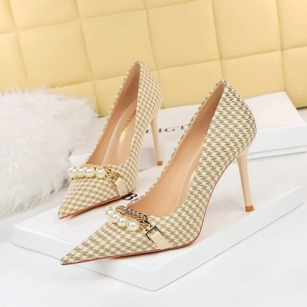 9283-1 European and American style houndstooth high-heeled high-heeled shallow-pointed pearl chain plaid women's shoes