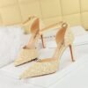 BIGTREE SHOES 8386-2 Korean Fashion Sequins Women's Shoes Stiletto Heel Low-Cut Pointed-Toe Hollowed Hollow Strap Sandals for Women