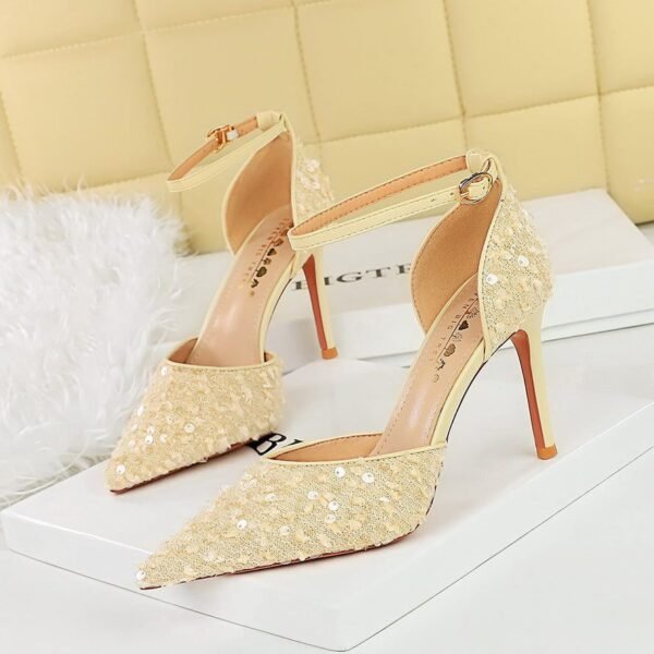 BIGTREE SHOES 8386-2 Korean Fashion Sequins Women's Shoes Stiletto Heel Low-Cut Pointed-Toe Hollowed Hollow Strap Sandals for Women
