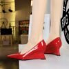 BIGTREE SHOES 2905-1 European and American Style Fashion Banquet Wedge Heels Women's Shoes High Heel Wedge Shallow Mouth Pointed Patent Leather Pumps Wedge Heels