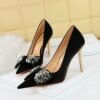 58dbd4a036005af8e499f986bccfdb76 BIG TREE SHOES 1829-H3 European and American Style Banquet Light Luxury High Heels Satin Shallow Mouth Pointed Toe Rhinestone Bow Women's High Heel Shoes