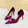 BIGTREE SHOES 1363-Ak80 Banquet High Heels Women's Shoes Stiletto Suede Shallow Mouth Pointed Side Hollow Metal Rhinestone Buckle Pumps