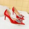 BIG TREE SHOES 638-Ah21 Korean Style Banquet Women's Shoes High Heel Stiletto Low Mouth Pointed Side Hollow Patent Leather Rhinestone Bow Pumps