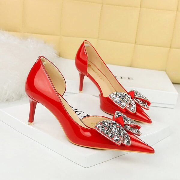 BIG TREE SHOES 638-Ah21 Korean Style Banquet Women's Shoes High Heel Stiletto Low Mouth Pointed Side Hollow Patent Leather Rhinestone Bow Pumps