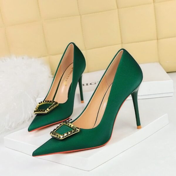 big tree shoes 3265-K9 Korean Style Fashion Banquet High Heels Stiletto Heel Shallow Mouth Pointed Toe Metal Buckle Decorative Pumps Women's Shoes