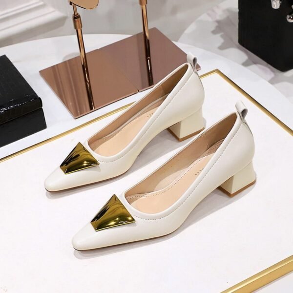 59e0cf035af5eac17702a68ab5eba8da BIGTREE SHOES 1235-K55 Retro Style Fashionable Chunky Heel Mid-Heel Low-Cut Pointed-Toe Metal Decoration Pumps Business Ol Commuter Women's Shoes
