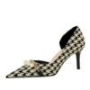 8829-A1 Korean version of high-heeled shallow-mouth pointed side hollow cloth plaid pearl metal chain houndstooth shoes