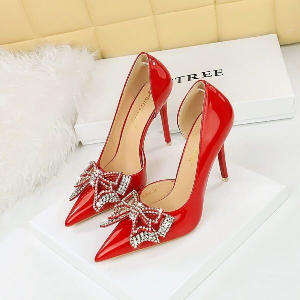 BIG TREE SHOES 638-H18 European and American Style Banquet High Heels Shallow Mouth Pointed Patent Leather Stilettos Super High Heel Rhinestone Bow Pumps