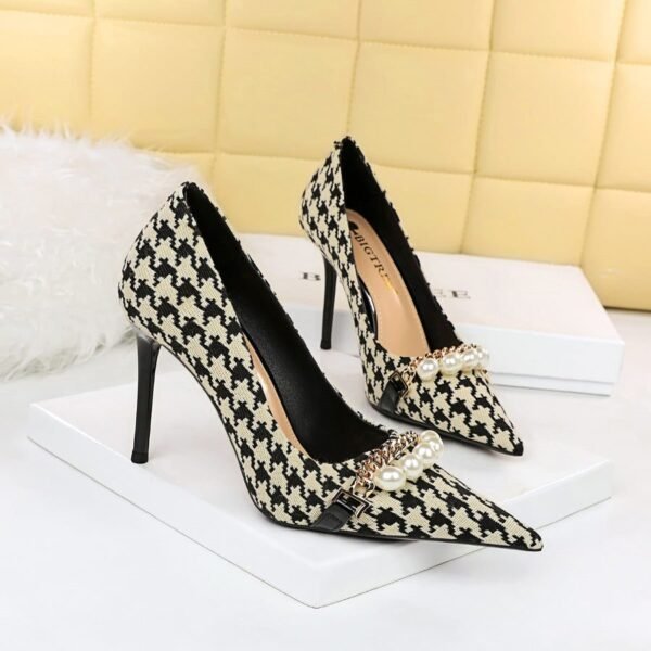 9283-1 European and American style houndstooth high-heeled high-heeled shallow-pointed pearl chain plaid women's shoes