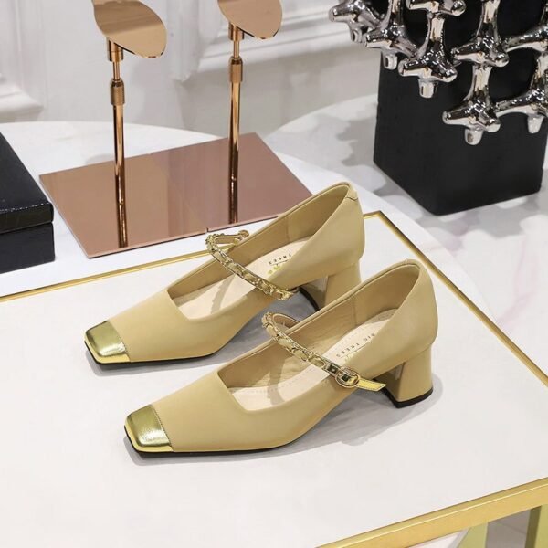 BIGTREE SHOES 5288-7 Temperament Mary Jane Shoes Chunky Very Mid-Very Low-Cut Color Matching Stitching Square Toe Metal Chain Ankle-Strap Shoes