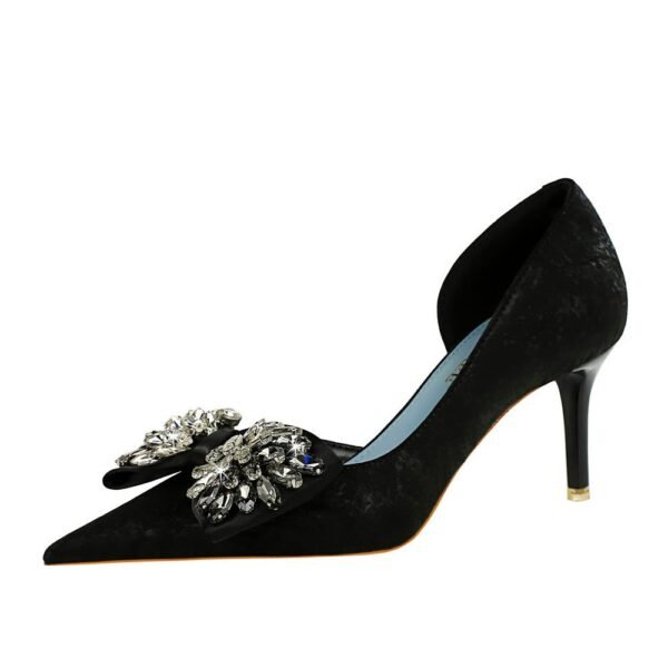 5ad7f68089eaaa73c1eec87a8c9b6dad BIG TREE Shoes 6168-AH3 European and American Banquet Thinner Side Hollowed Women's Shoes Shallow Mouth Pointed Toe Rhinestone Bow High Heel Pumps