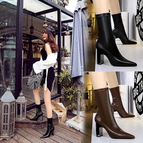 BIG TREE SHOES 3128-12 European and American Style Fashion Skinny Boots Metal Chunky Heel High Heel Pointed Toe Thinner Winter Boots