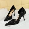 BIGTREE SHOES 8237-2 Korean Style Fashion Banquet Women's Shoes High Heels Stiletto Heel Shallow Mouth Pointed Toe Satin Side Hollow Rhinestone Pumps Women