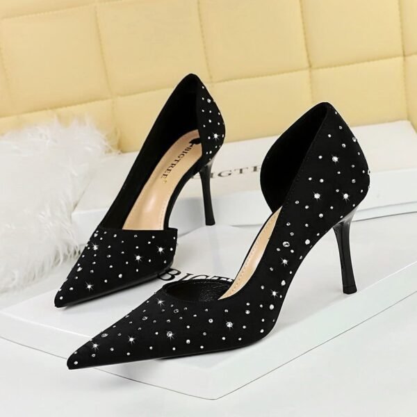 BIGTREE SHOES 8237-2 Korean Style Fashion Banquet Women's Shoes High Heels Stiletto Heel Shallow Mouth Pointed Toe Satin Side Hollow Rhinestone Pumps Women