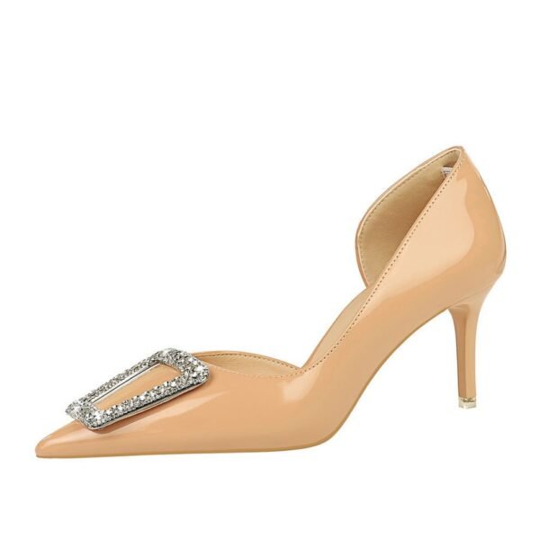 BIGTREE SHOES 638-Ak28 European and American Style Banquet Shiny Patent Leather High Heels Women's Shoes Side Hollow-out Pointed Toe Metal Rhinestone Buckle Pumps