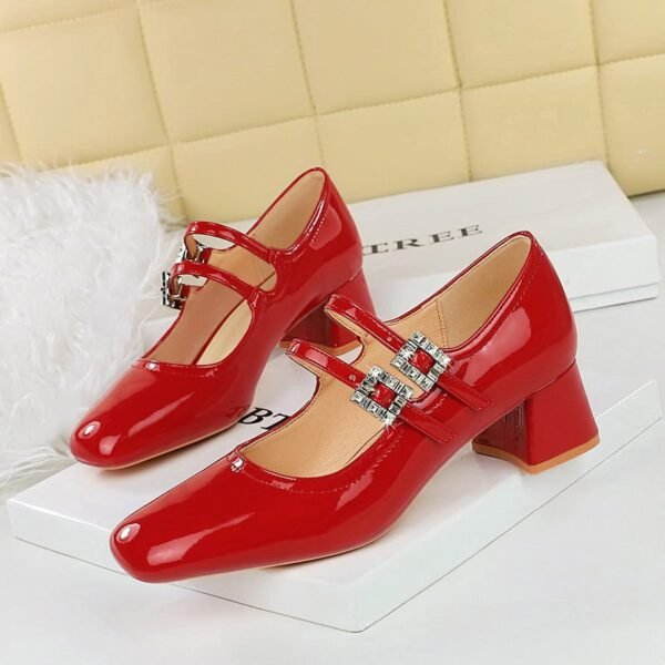 BIGTREE SHOES 1389-1 Everyday Joker Sweet Mary Jane Women's Shoes Mid Heel Patent Leather Shallow Mouth round Head Rhinestone Buckle Ankle-Strap Shoes