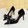 BIGTREE SHOES 3226-Ah36 European and American Style Banquet Women's Shoes Stiletto Heel Shallow Mouth Pointed Side Hollow Rhinestone Bow Pumps