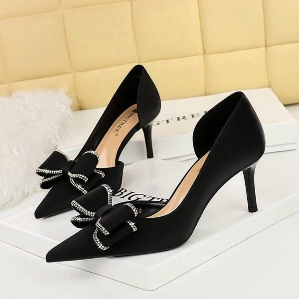 BIGTREE SHOES 3226-Ah36 European and American Style Banquet Women's Shoes Stiletto Heel Shallow Mouth Pointed Side Hollow Rhinestone Bow Pumps