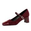 BIGTREE SHOES 5296 Korean Style Stylish Women's Shoes Chunky Heel Mid-Heel Low-Cut Stitching Square Toe Strap Rhinestone Buckle Pumps Mary Jane Shoes