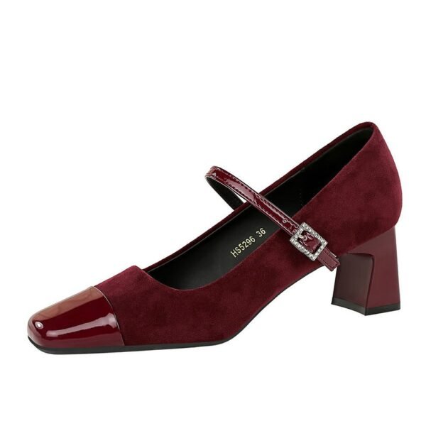BIGTREE SHOES 5296 Korean Style Stylish Women's Shoes Chunky Heel Mid-Heel Low-Cut Stitching Square Toe Strap Rhinestone Buckle Pumps Mary Jane Shoes