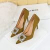 Big Tree Shoes 1983-K1 European and American Style Spring and Autumn Banquet High Heels Women's Shoes Super High Heel Shallow Mouth Pointed Toe Satin Rhinestone Buckle Pumps