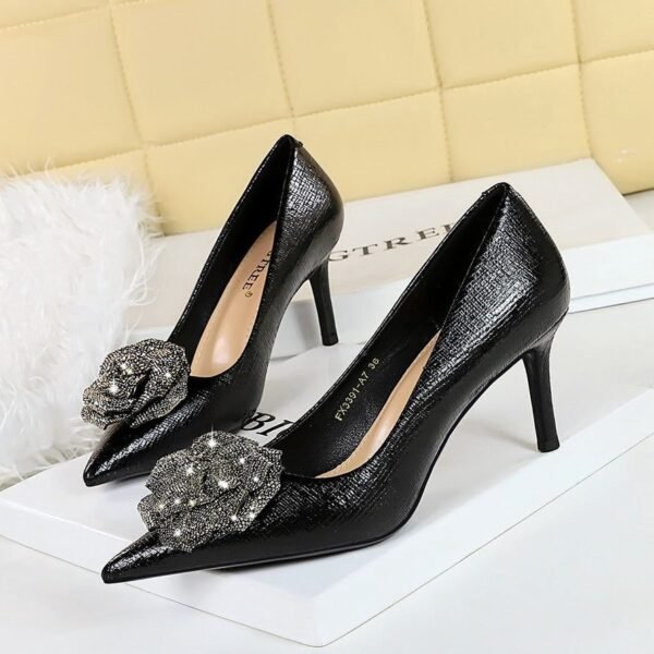 BIGTREE SHOES 3391-ah52 European and American Style High Heels Women's Shoes Shallow Mouth Pointed Toe Rhinestone Rose Pumps High Heel Women's Shoes
