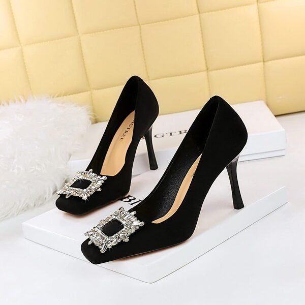 BIG TREE SHOES 7792-1 K82 European and American Banquet High Heels Women's Shoes Super High Heel Low-Cut Square Toe Suede Metal Rhinestone Buckle Pumps