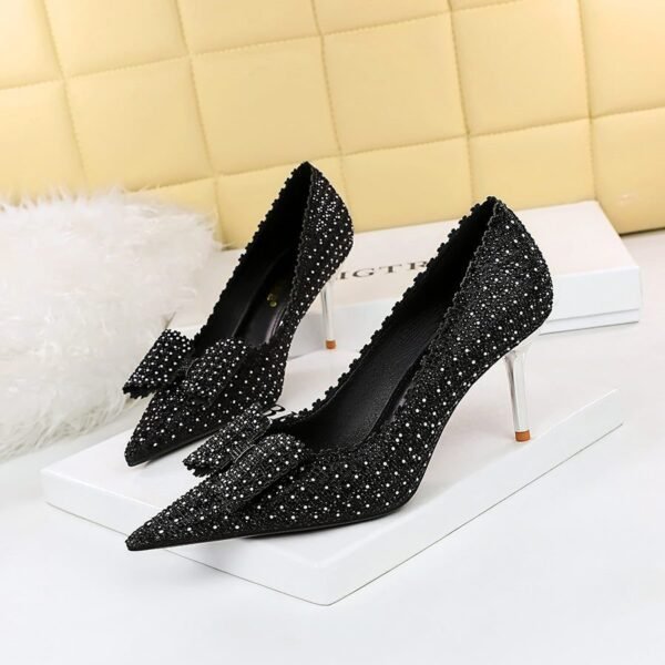 1932-A18 Korean Style Fashion Banquet Women's Shoes Stiletto Heel Shallow Mouth Pointed Toe Rhinestone Bow Women's Shoes Wedding Shoes