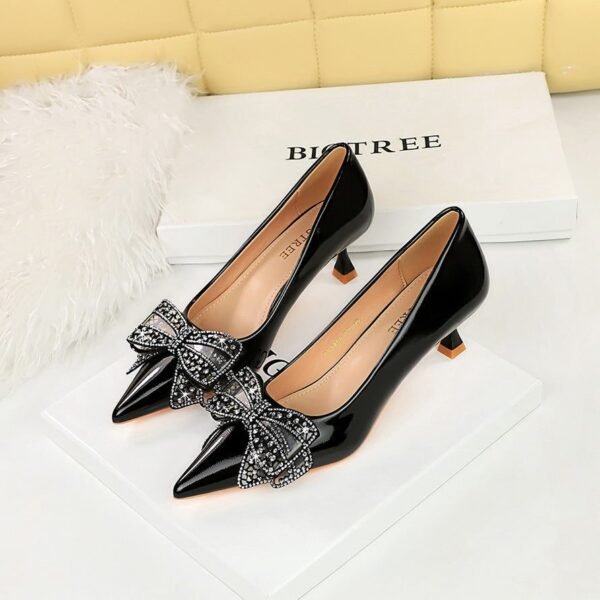 604d9b5c7bfb3d329536523b0e6e888c BIGTREE SHOES 1961-H39 European and American Banquet Women's Shoes Small Stiletto Heel Mid Heel Patent Leather Shallow Mouth Pointed Toe Rhinestone Bow Pumps Women's Shoes