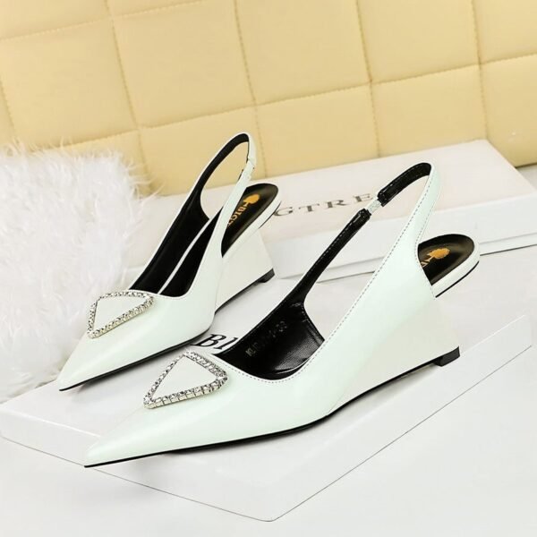 BIGTREE SHOES 1097-K37 European and American Banquet Women's Fashion Shoes High Heel Wedge Shiny Patent Leather Rhinestone Buckle Hollow Back Strap Pumps