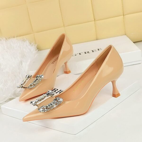 BIGTREE SHOES 1961-K72 European and American Style Affordable Luxury Fashion Banquet Women's Shoes Stiletto Mid-Heel Shallow Mouth Pointed-Toe Metal Rhinestone Buckle Pumps