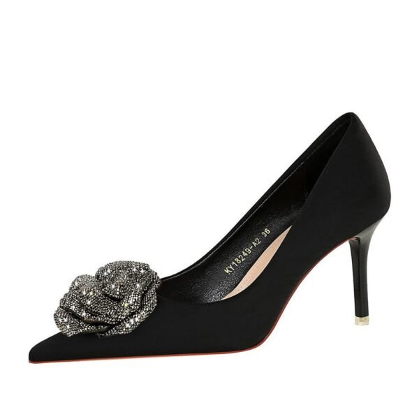 BIGTREE SHOES 18249-ah52 European and American Style Light Luxury Banquet Women's Shoes Stiletto Heel Satin Shallow Mouth Pointed Toe Rhinestone Flower Shoes
