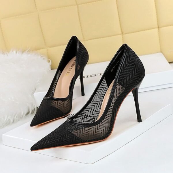 BIG TREE SHOES 1963-3 European and American Fashion High Heels Women's Shoes Stiletto Heel Shallow Mouth Pointed Toe Mesh Hollow-out Lace Shoes