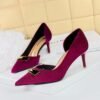 BIGTREE SHOES 1363-AK81 European and American Women's Shoes Stiletto Heel Shallow Mouth Pointed Side Hollow Metal Decoration Thick Suede Pumps