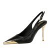 BIGTREE SHOES 373-19 European and American Style High Heels Women's Shoes High Heel Stiletto Low Mouth Metal Pointed Toe Slingback Hollow out Back Strap Pumps