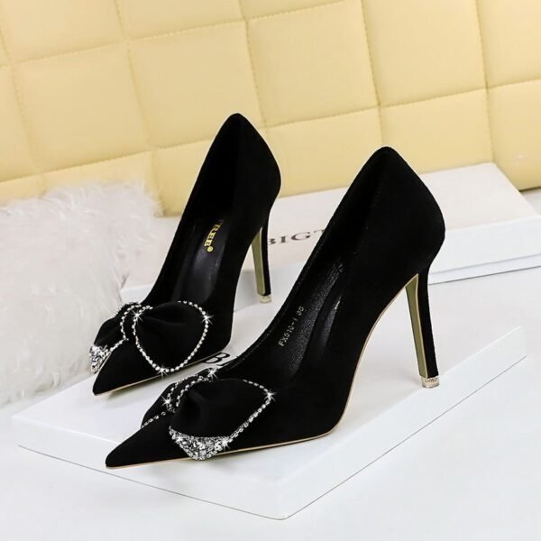 BIGTREE SHOES 516-h31 Korean Style Fashion Banquet High Heels Stiletto Women's Shoes Suede Shallow Mouth Pointed Toe Rhinestone Bow Pumps